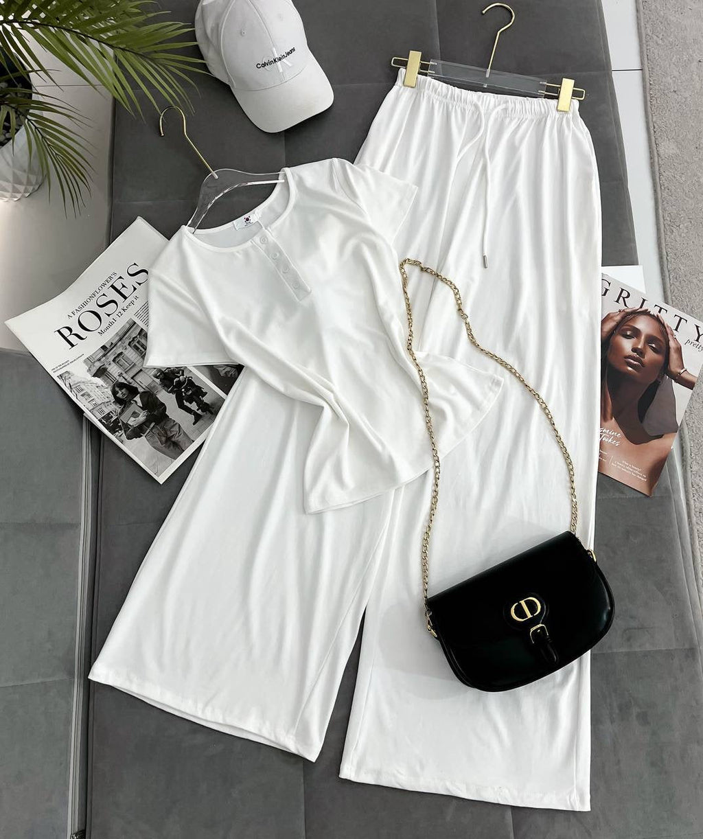 Henley Button Crew-Neck T-Shirt & Wide-Leg Palazzo Trousers Loungewear Set