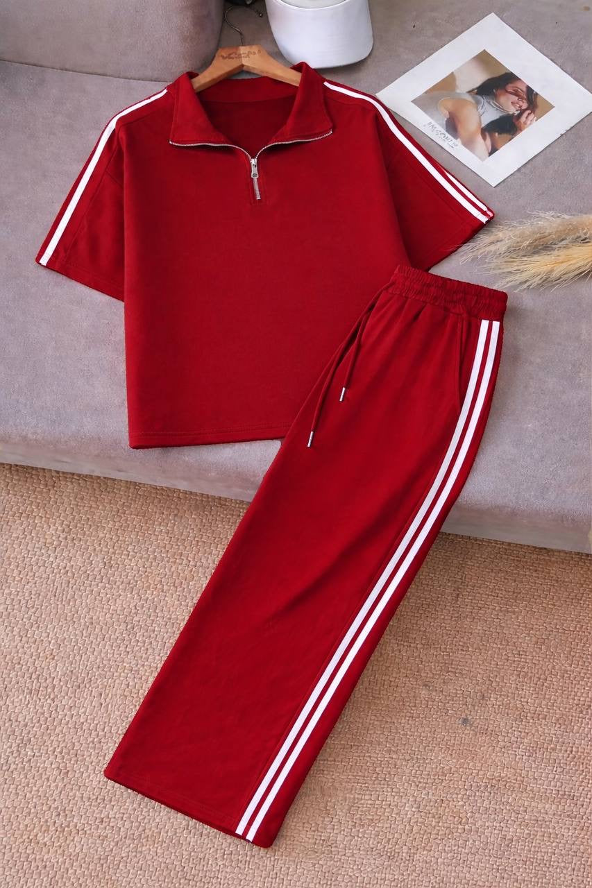 Side Stripe Half-Zip Crop Top & Wide-Leg Trousers Co-ord Set