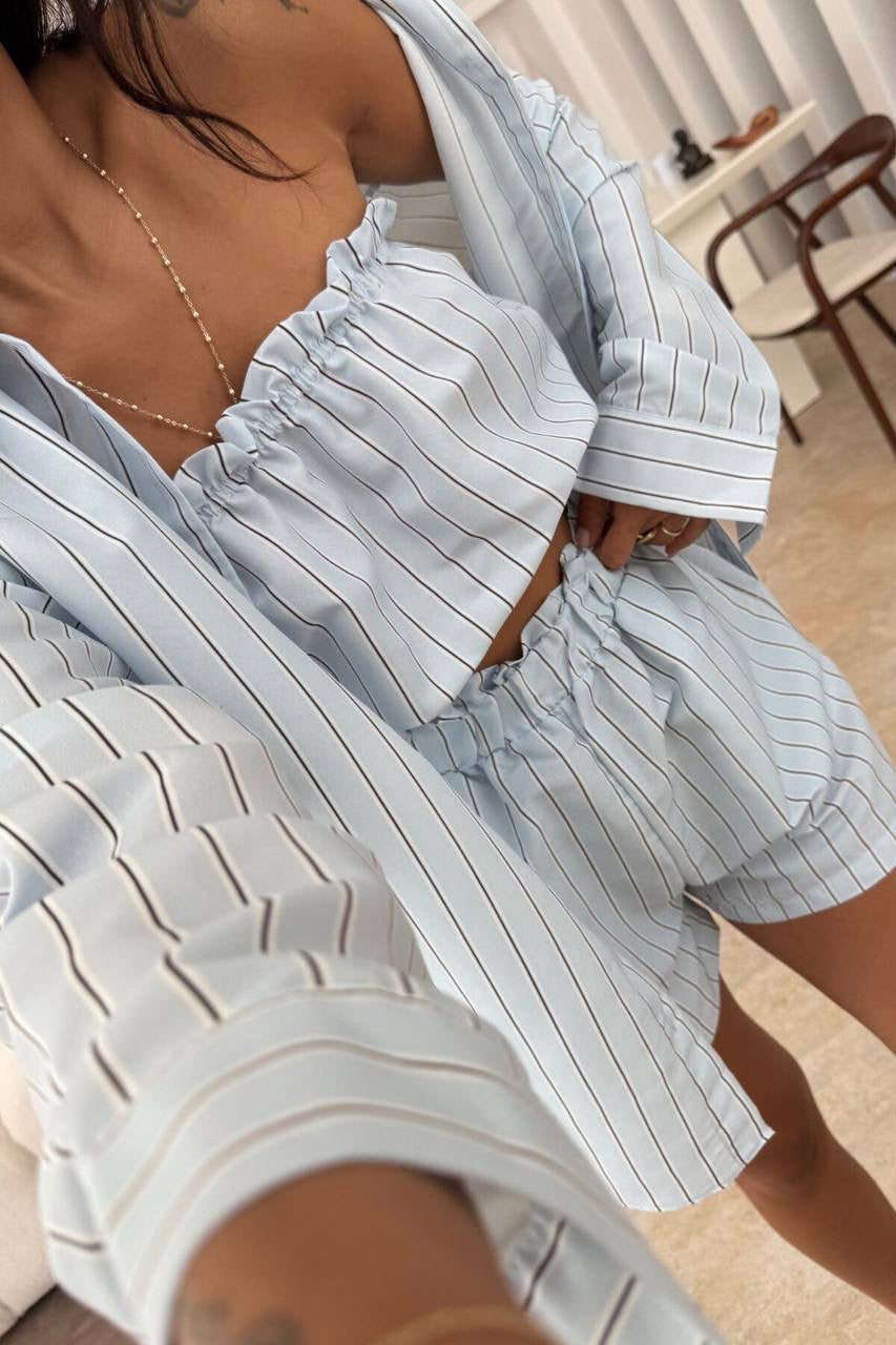 Striped 3-Piece Co-ord Set – Shirt, Bandeau Top & Shorts