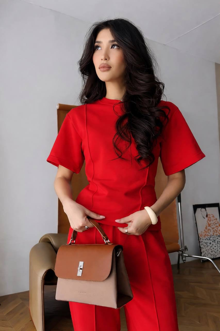 Structured Short-Sleeve Top & Wide-Leg Trousers Co-ord Set