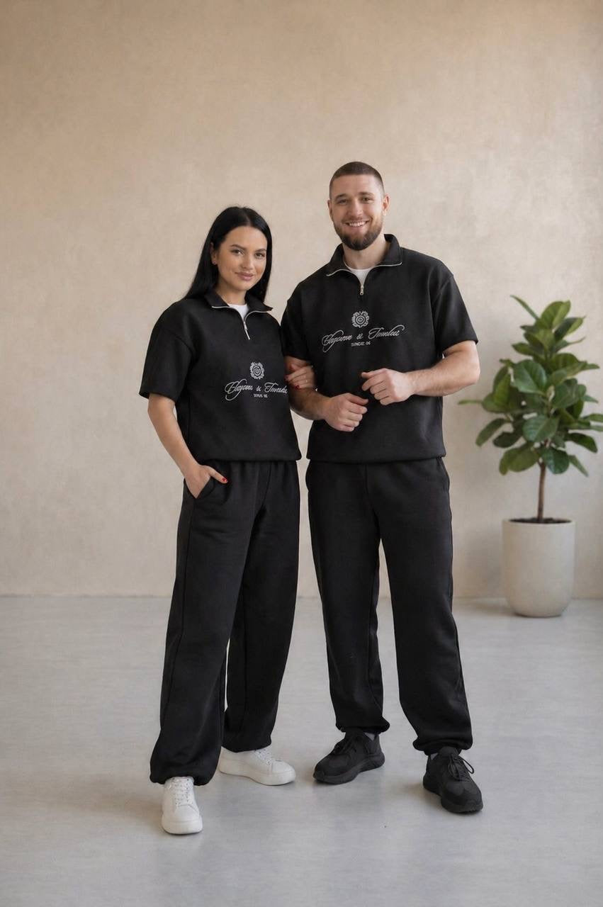 Elegance & Timeless Couple Half-Zip Co-ord Set — T-Shirt & Wide-Leg Trousers