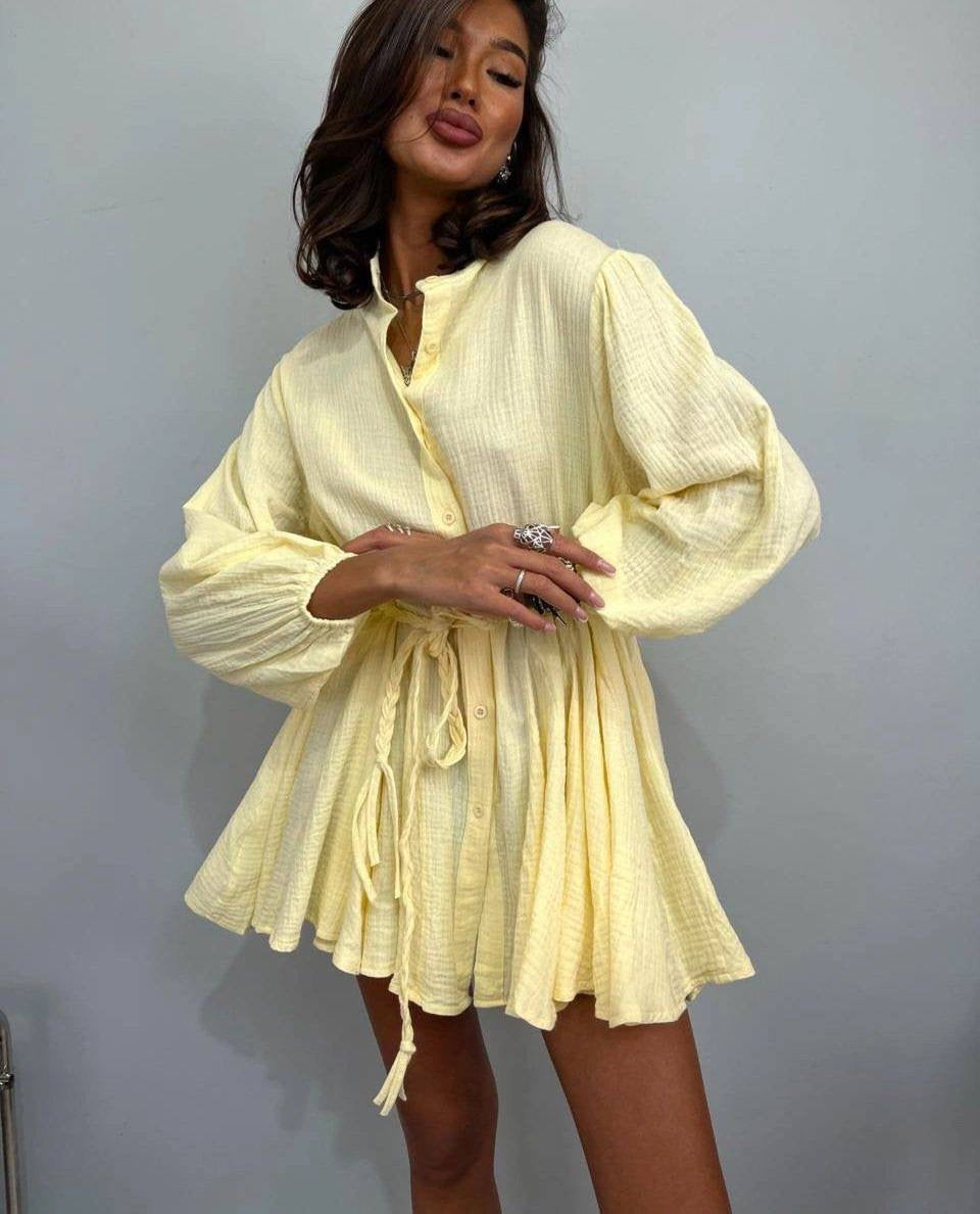 Balloon Sleeve Button-Down Mini Shirt Dress with Braided Belt