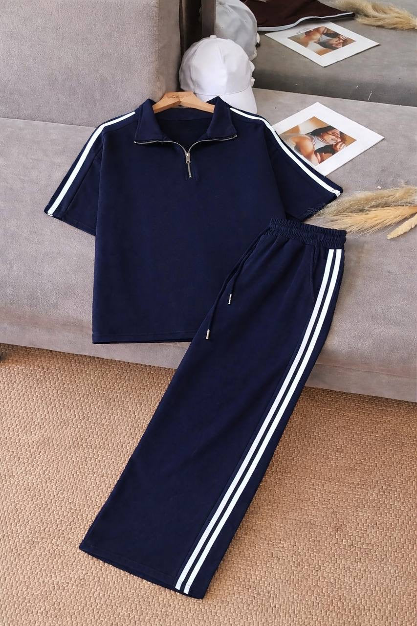 Side Stripe Half-Zip Crop Top & Wide-Leg Trousers Co-ord Set