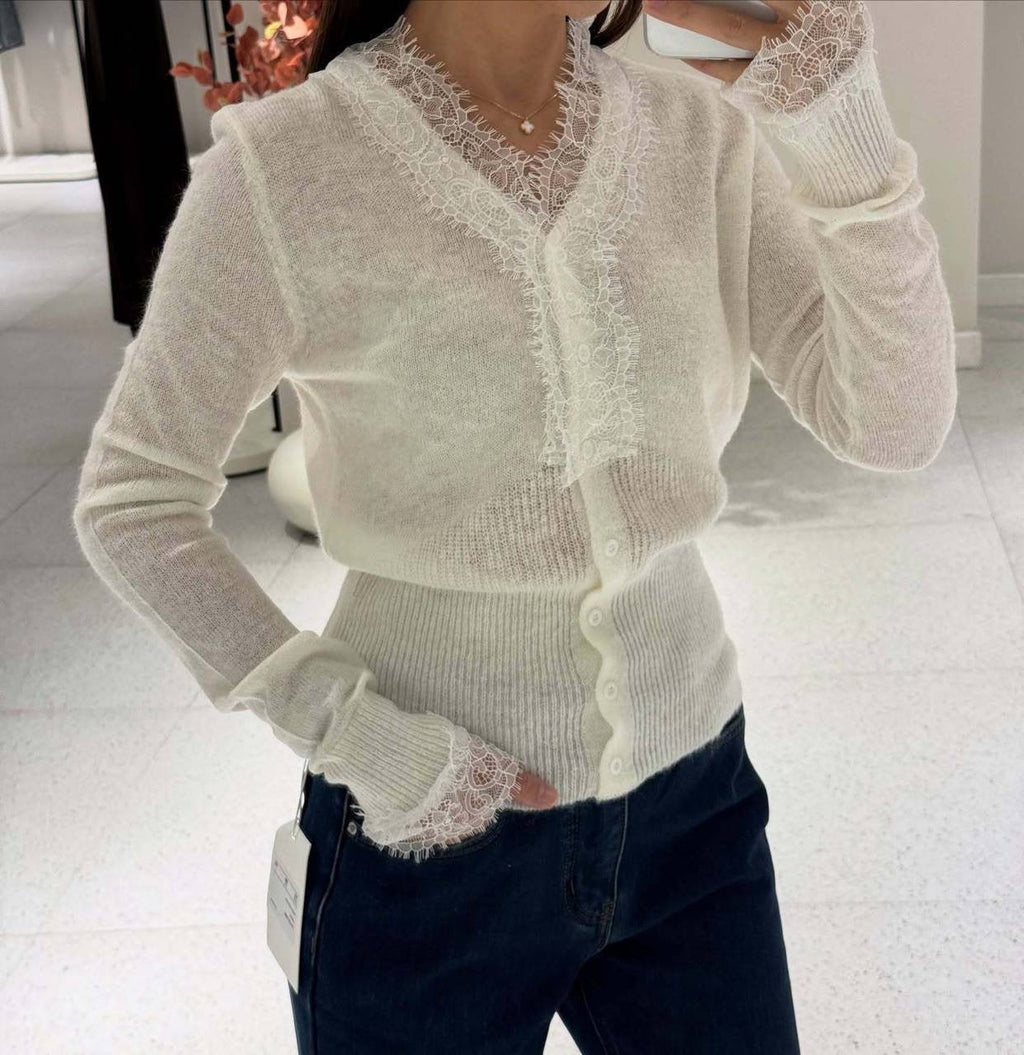 Lace Trim Sheer Knit Button-Up Cardigan