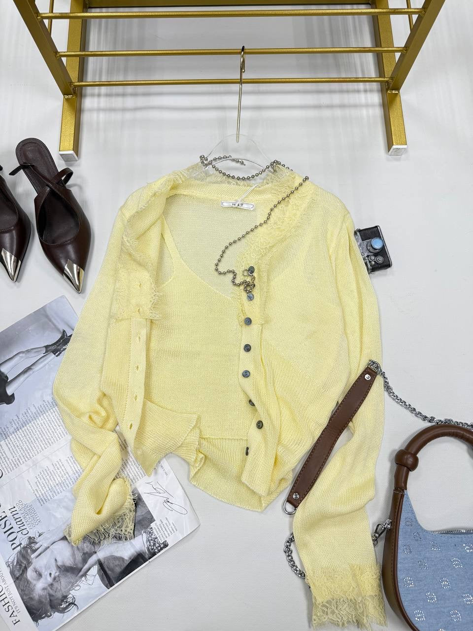 Lace Trim Sheer Knit Button-Up Cardigan