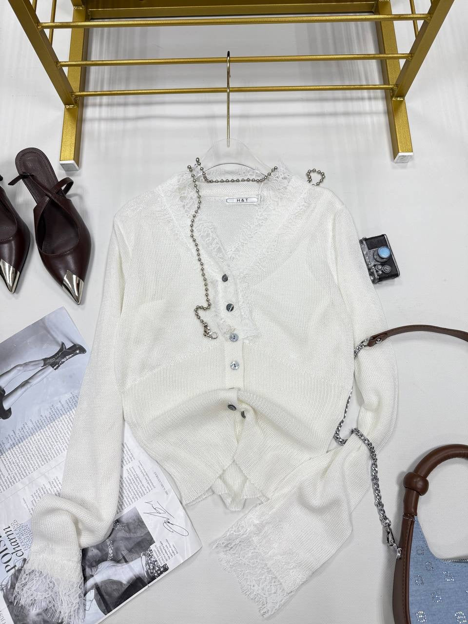 Lace Trim Sheer Knit Button-Up Cardigan