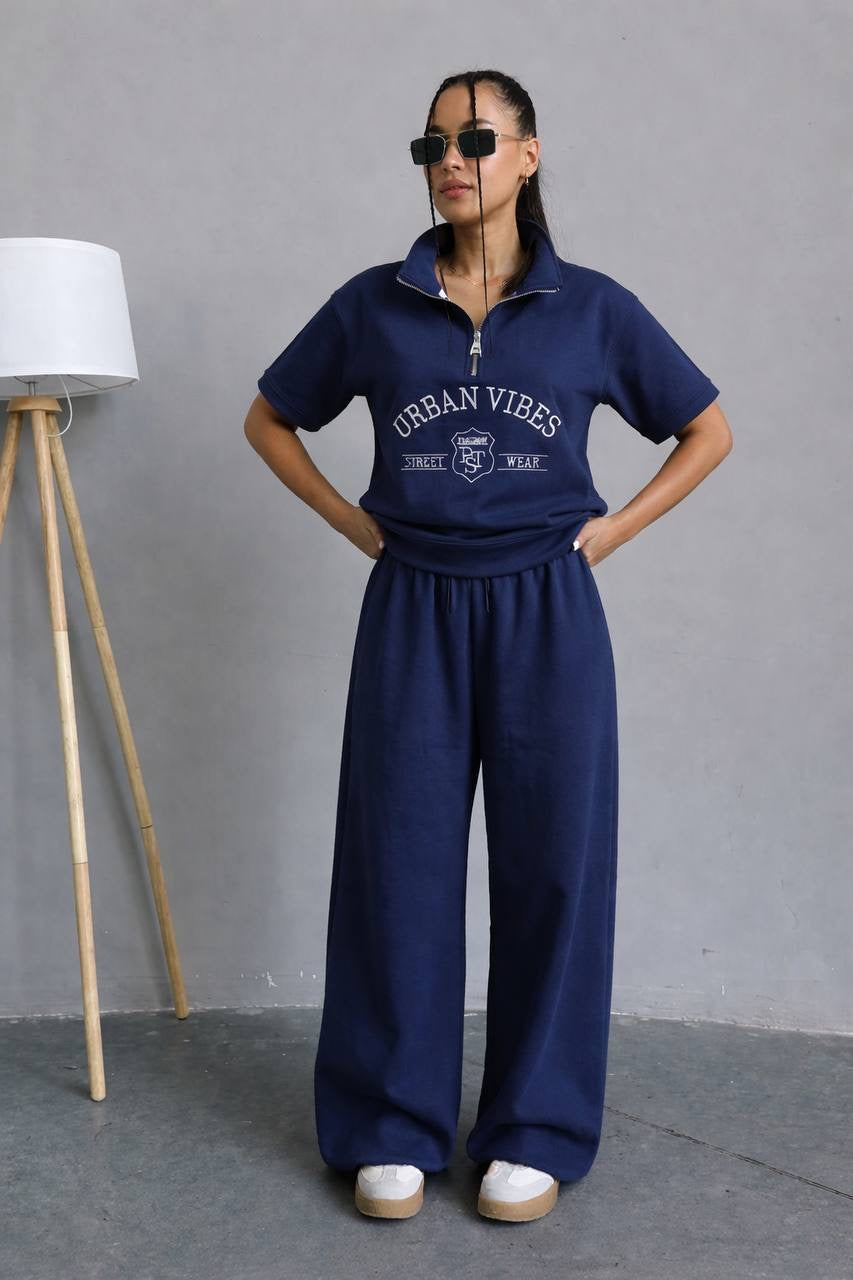 Urban Vibes Street Wear Half-Zip Crop Sweatshirt & Wide-Leg Trousers Co-ord Set