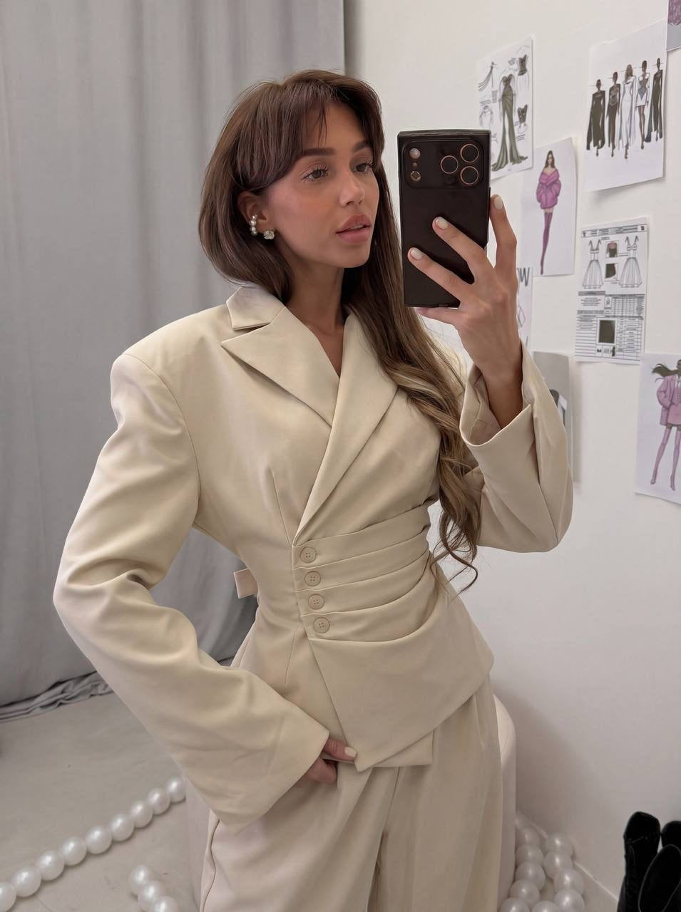 Corset-Waist Structured Blazer & Wide-Leg Trousers Co-ord Set
