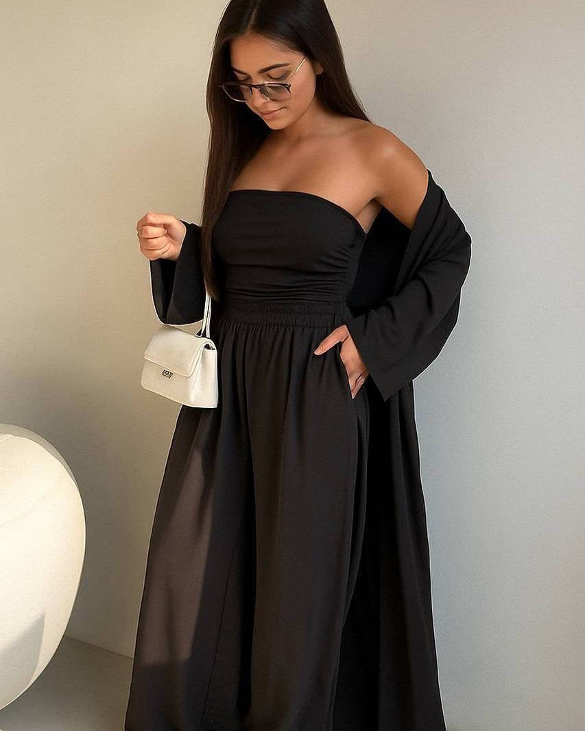 3-Piece Maxi Duster Kimono, Bandeau Crop Top & Wide-Leg Palazzo Set