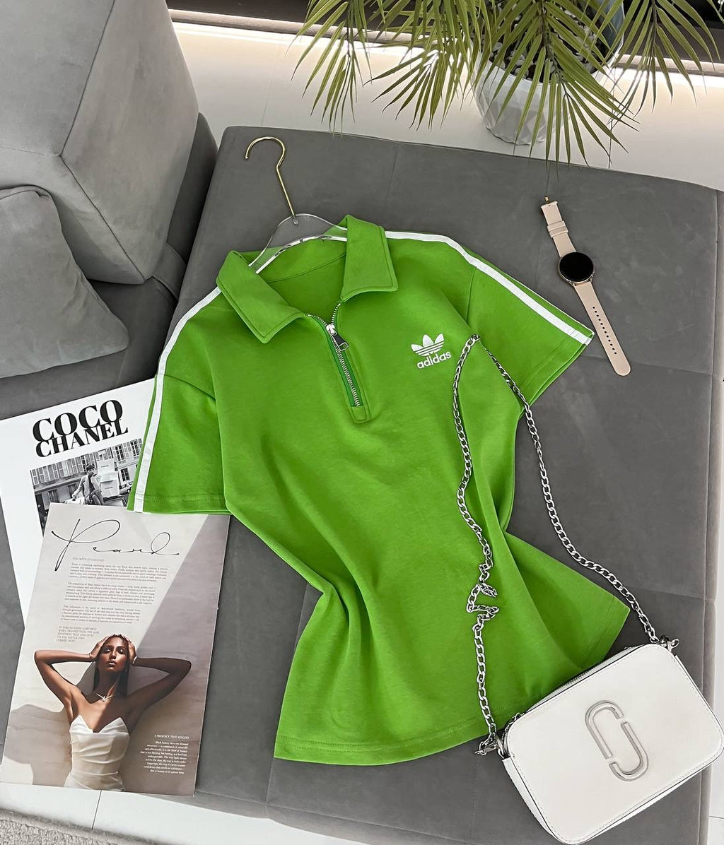 #4419 Logo Stripe Half-Zip Polo Crop Top with Chain Detail