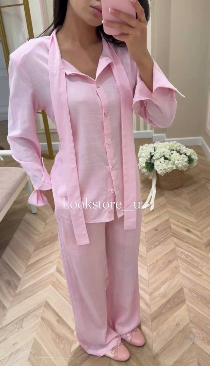 Bow-Tie Neck Linen Blend Shirt & Wide-Leg Trousers Set