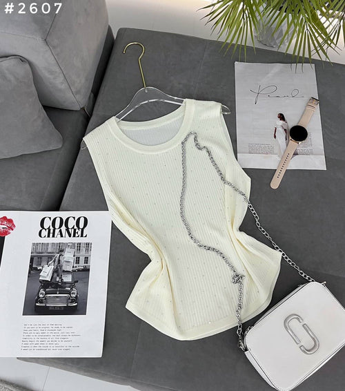 #2607 Rhinestone Chain Detail Sleeveless Knit Top