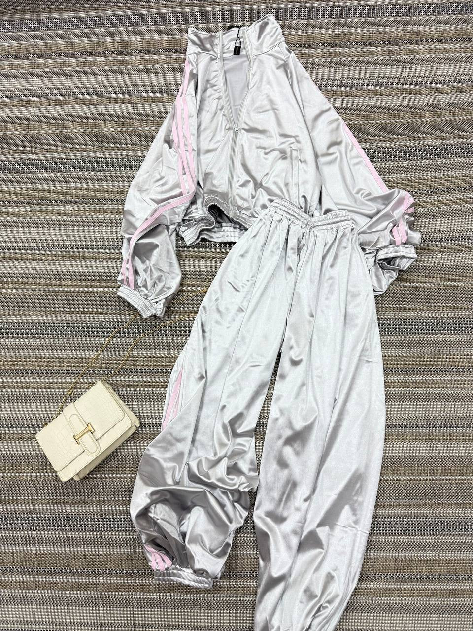Satin 3-Stripe Zip Crop Jacket & Wide-Leg Jogger Set