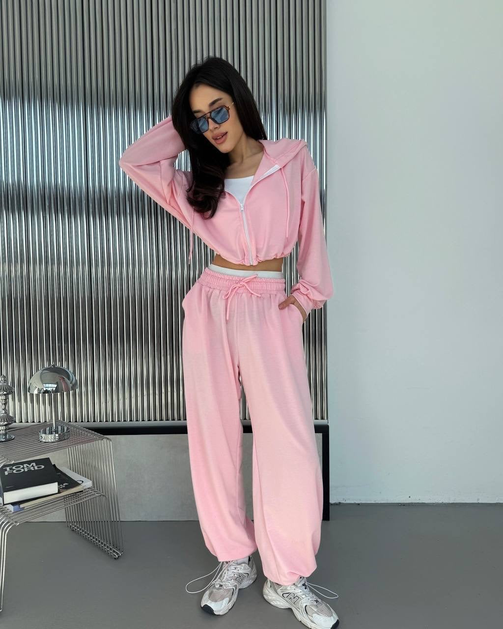 Cropped Zip Hoodie & Wide-Leg Jogger Sweatpants Set
