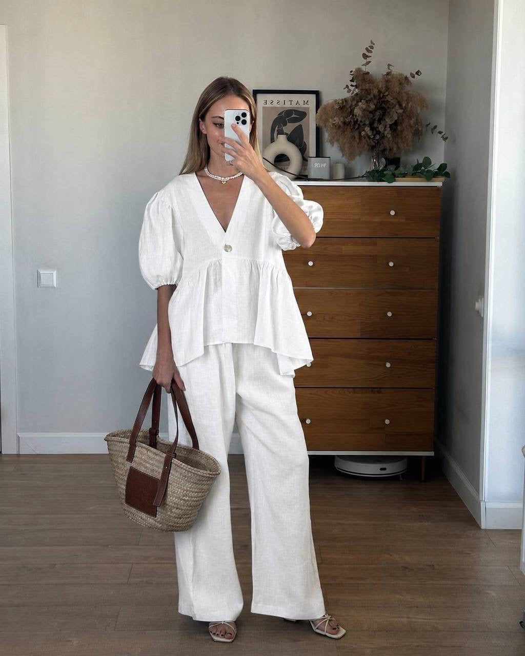 Puff Sleeve V-Neck Frill Peplum Blouse & Wide-Leg Trousers Co-ord Set
