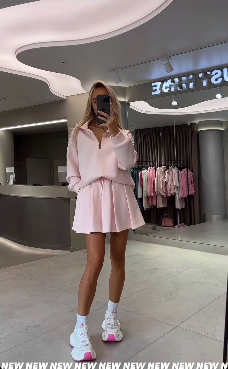 Half-Zip Crop Sweatshirt & Pleated Mini Skirt Co-ord Set