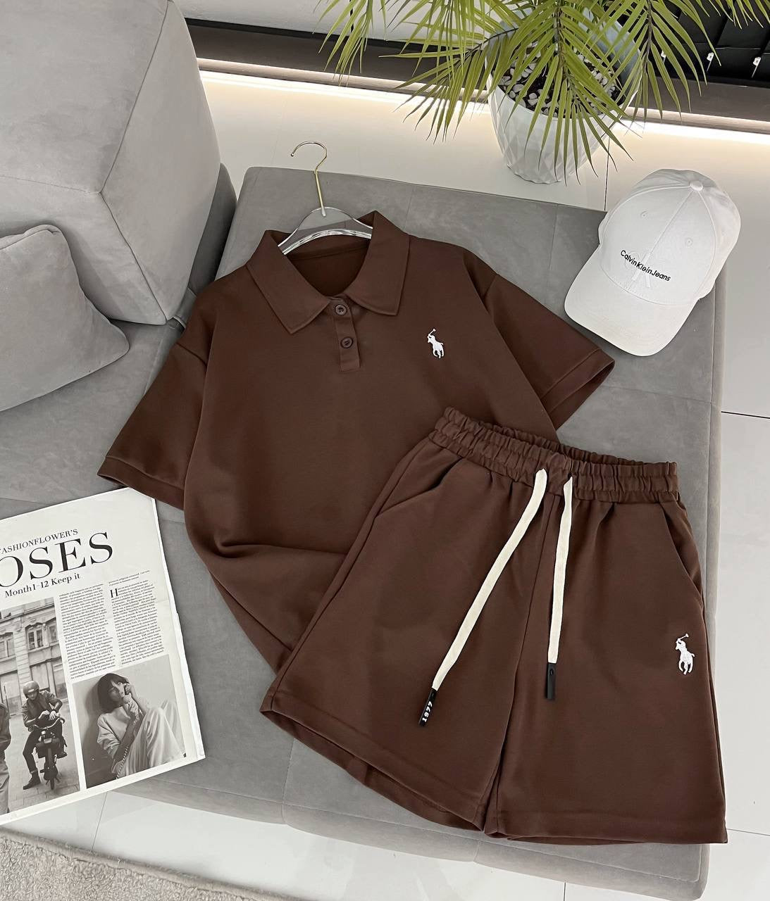 Embroidered Polo Crop T-Shirt & Drawstring Shorts 2-Piece Summer Set