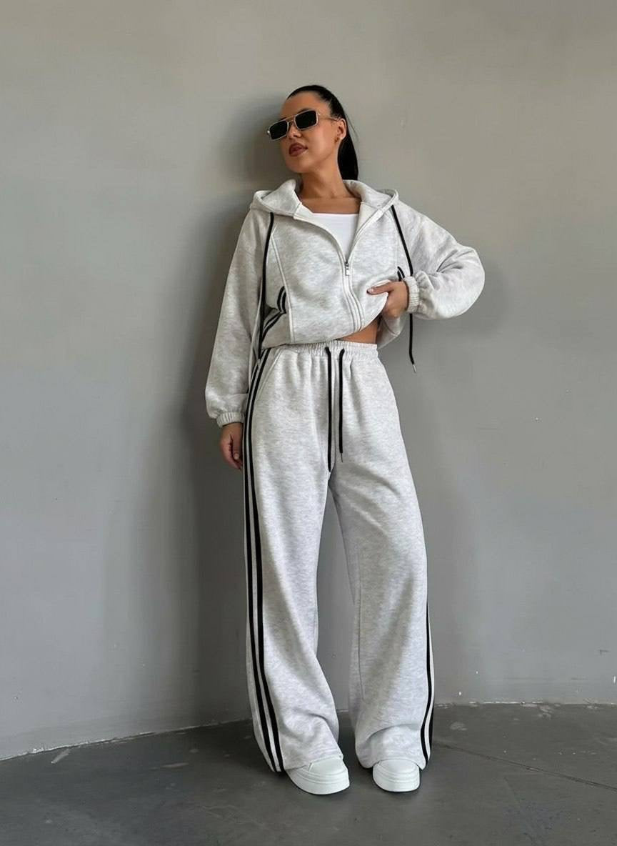 3-Stripe Oversized Cropped Zip Hoodie & Wide-Leg Sweatpants Set