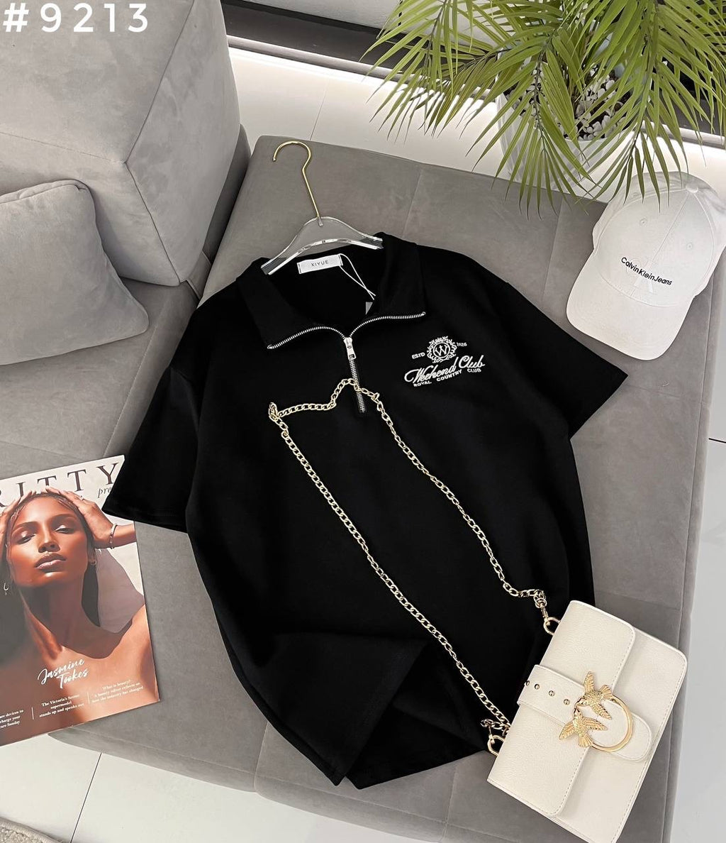 #9213 Weekend Club Half-Zip Chain Detail Oversized Polo T-Shirt