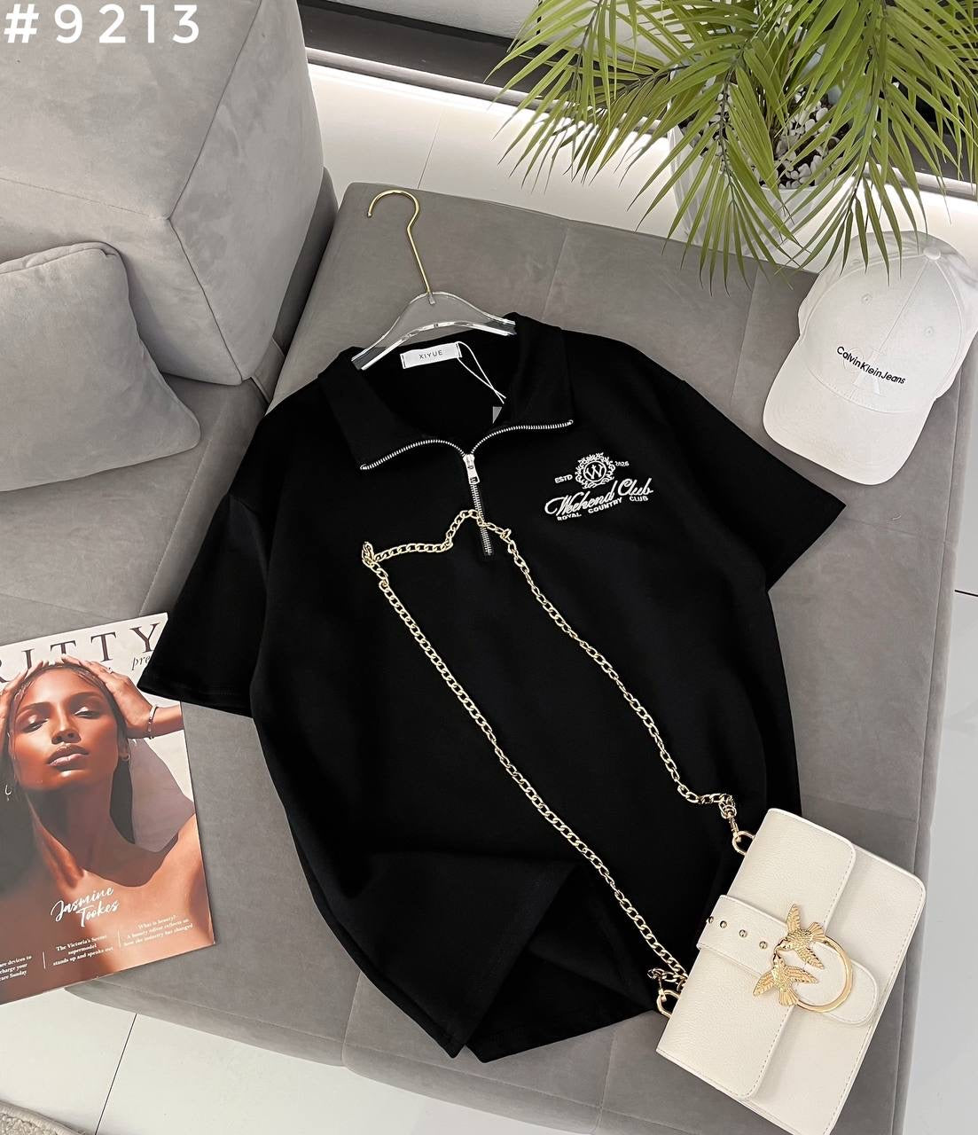 #9213 Weekend Club Half-Zip Chain Detail Oversized Polo T-Shirt
