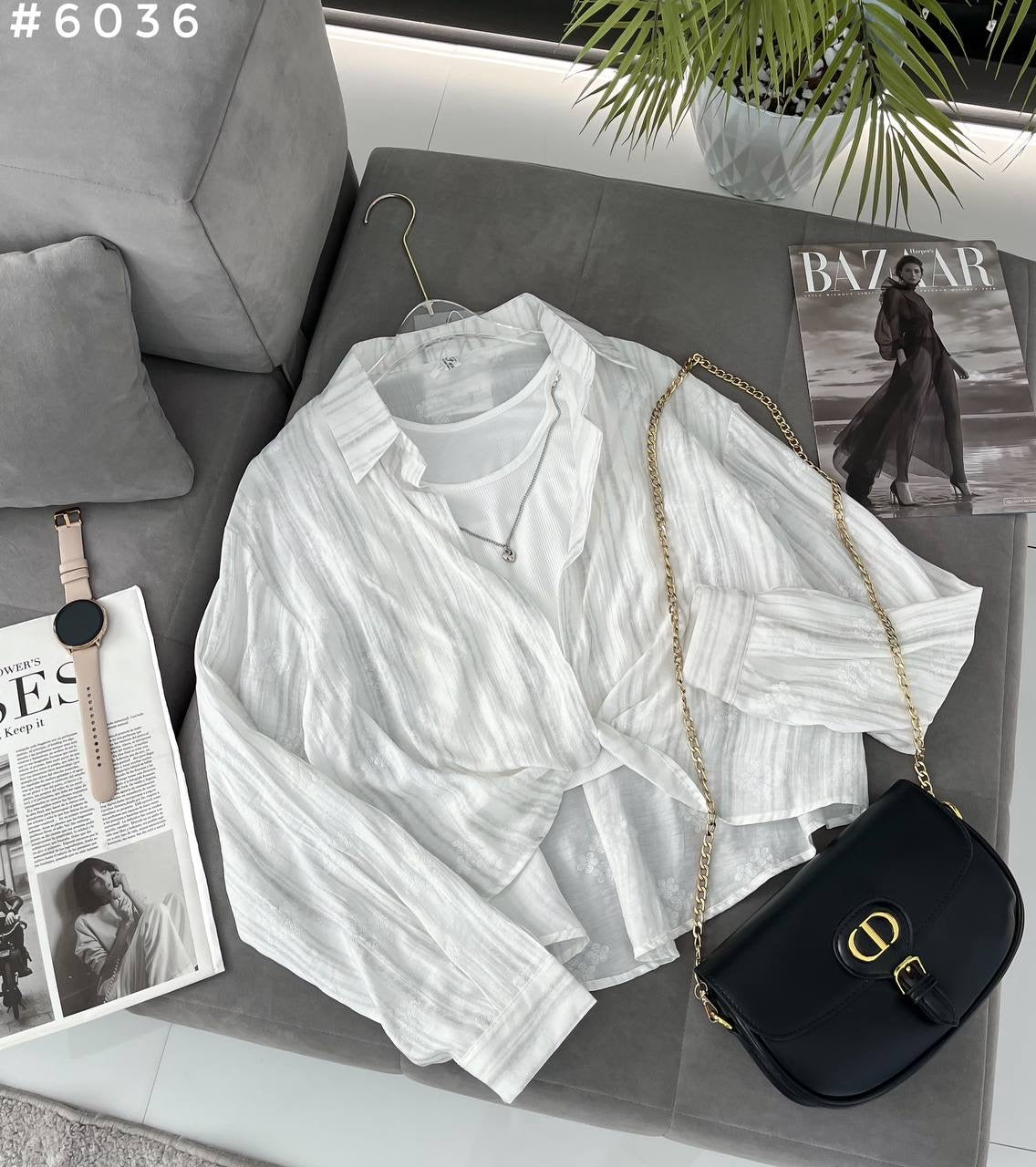 #6036 Crinkle Texture Twist Front Sheer Oversized Shirt + Crop Top Set