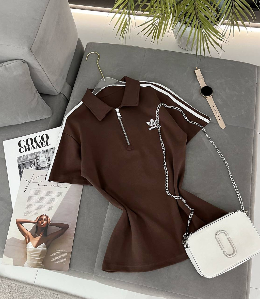 #4419 Logo Stripe Half-Zip Polo Crop Top with Chain Detail