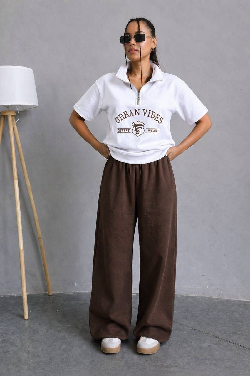 Urban Vibes Street Wear Half-Zip Crop Sweatshirt & Wide-Leg Trousers Co-ord Set