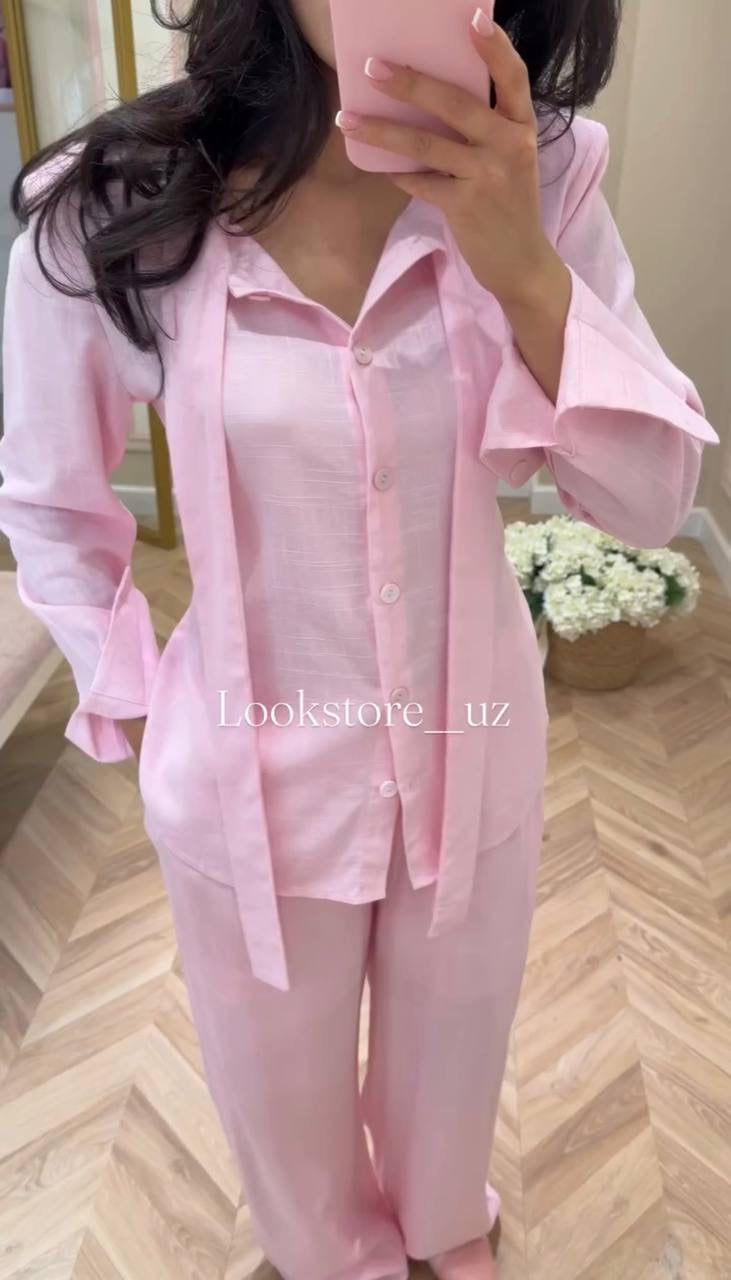 Bow-Tie Neck Linen Blend Shirt & Wide-Leg Trousers Set