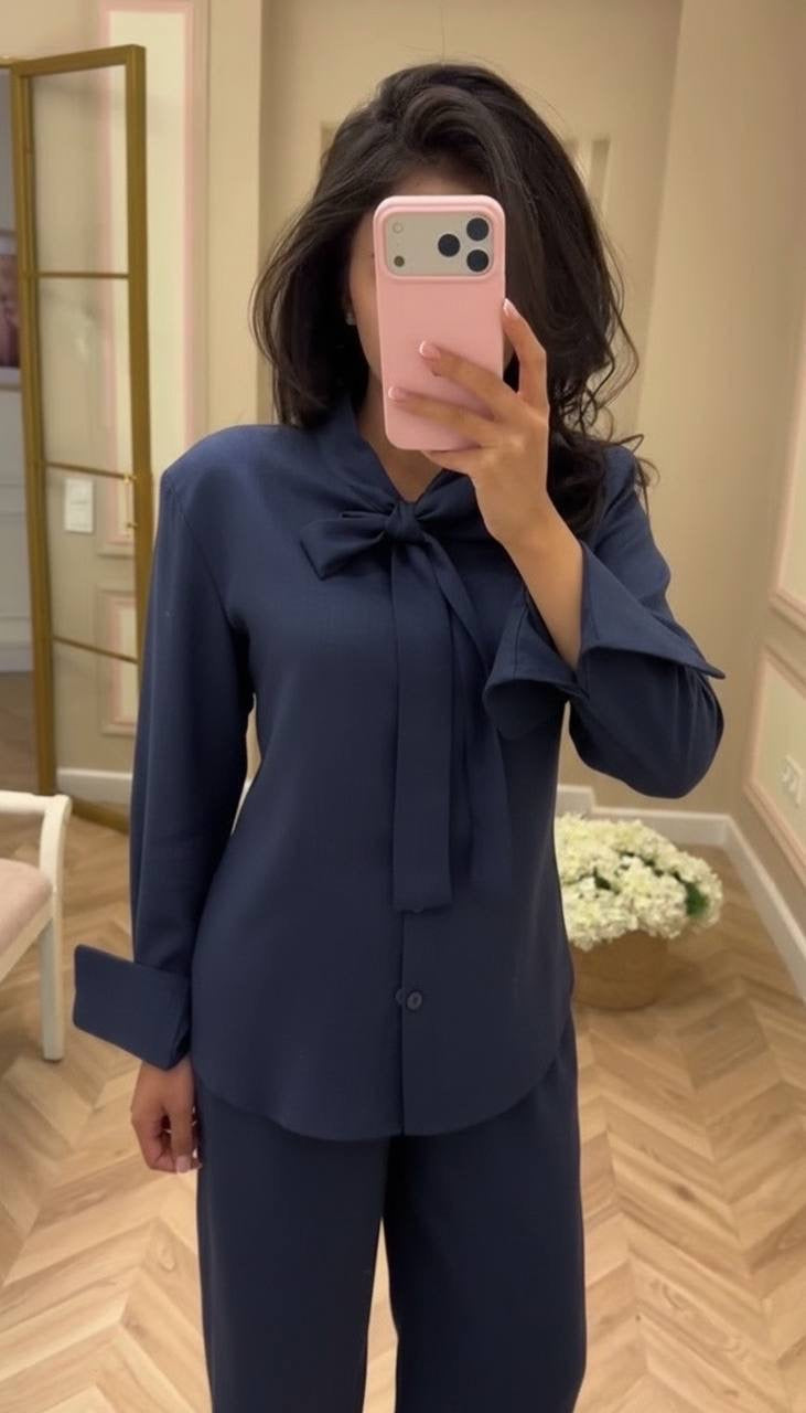 Bow-Tie Neck Linen Blend Shirt & Wide-Leg Trousers Set