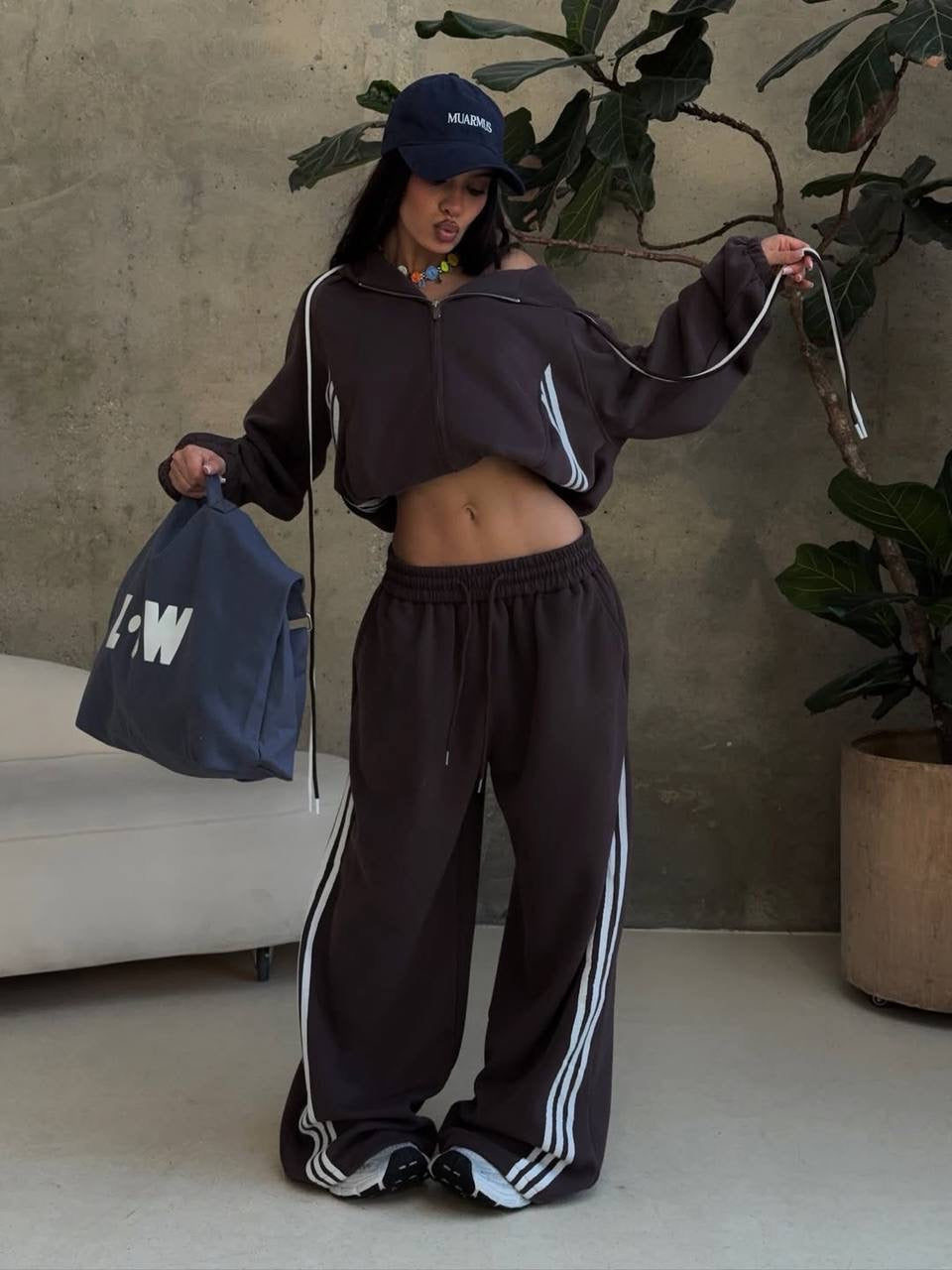 3-Stripe Oversized Cropped Zip Hoodie & Wide-Leg Sweatpants Set