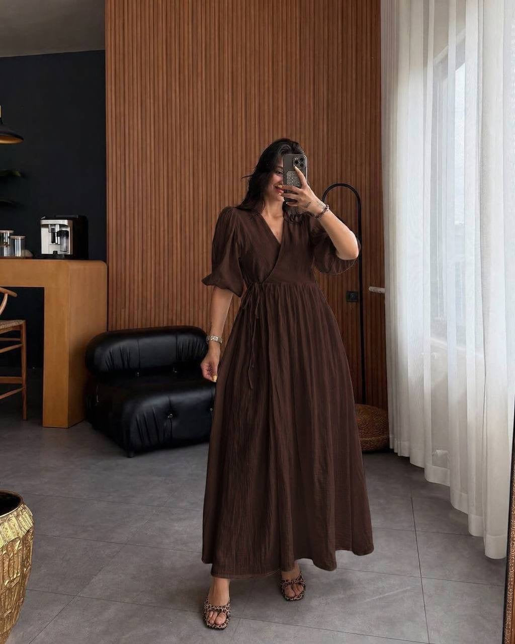 Crinkle Texture Puff Sleeve Wrap V-Neck Tie-Waist Maxi Dress