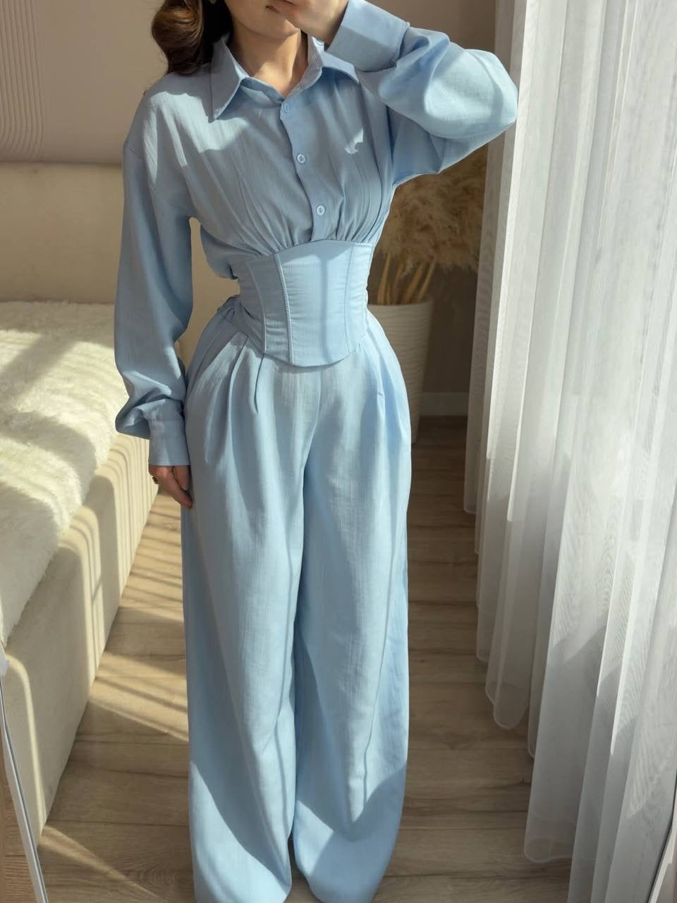 Corset-Waist Long Sleeve Shirt & Wide-Leg Palazzo Trousers Set