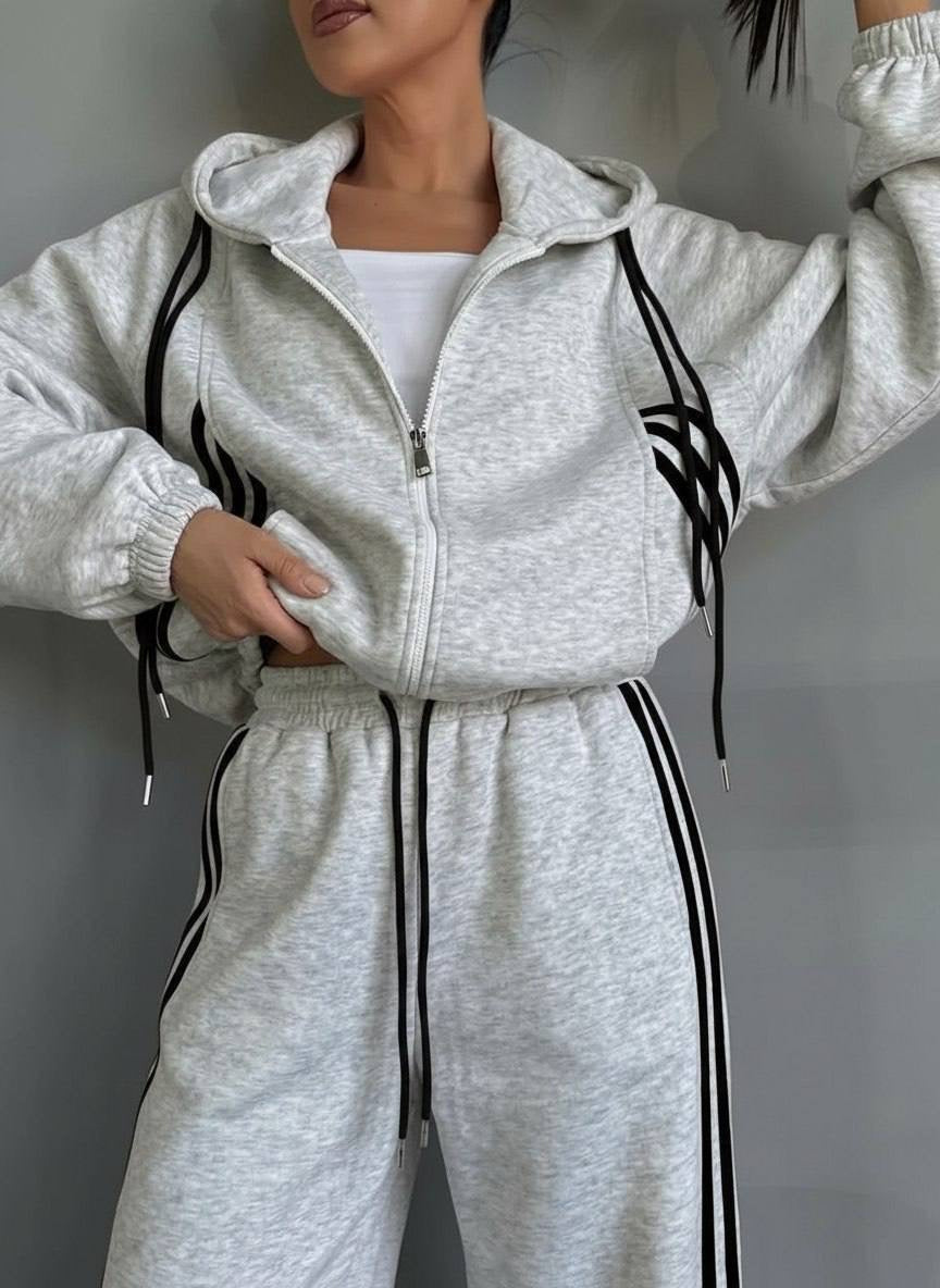 3-Stripe Oversized Cropped Zip Hoodie & Wide-Leg Sweatpants Set