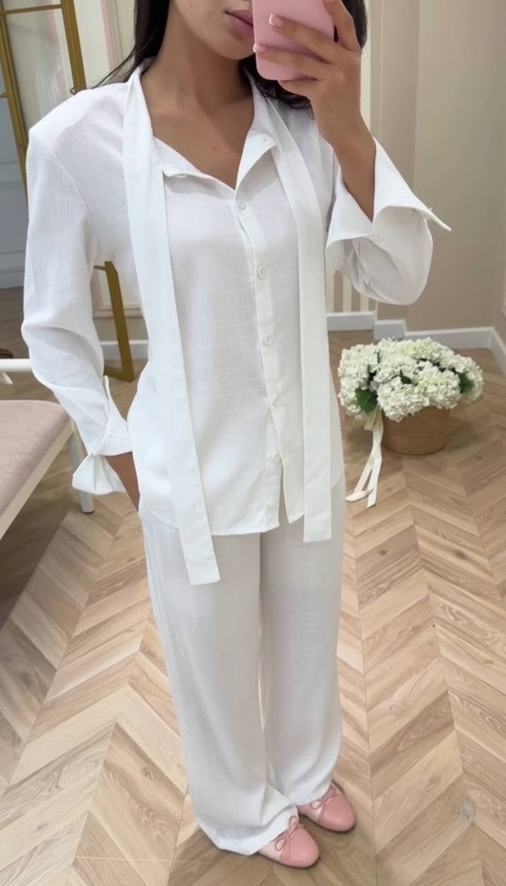 Bow-Tie Neck Linen Blend Shirt & Wide-Leg Trousers Set