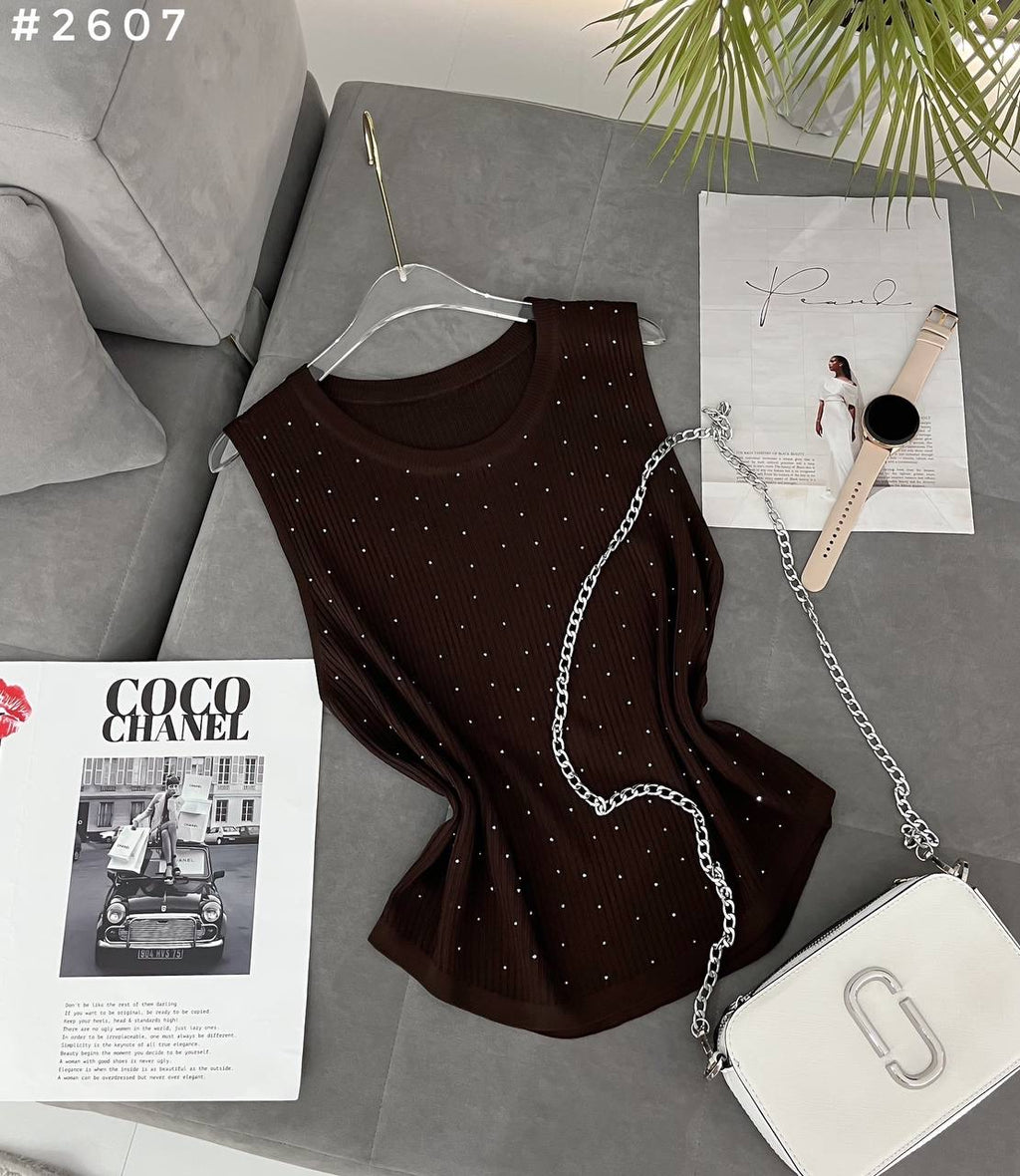 #2607 Rhinestone Chain Detail Sleeveless Knit Top