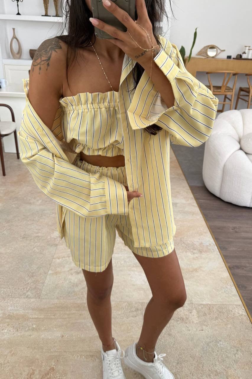 Striped 3-Piece Co-ord Set – Shirt, Bandeau Top & Shorts