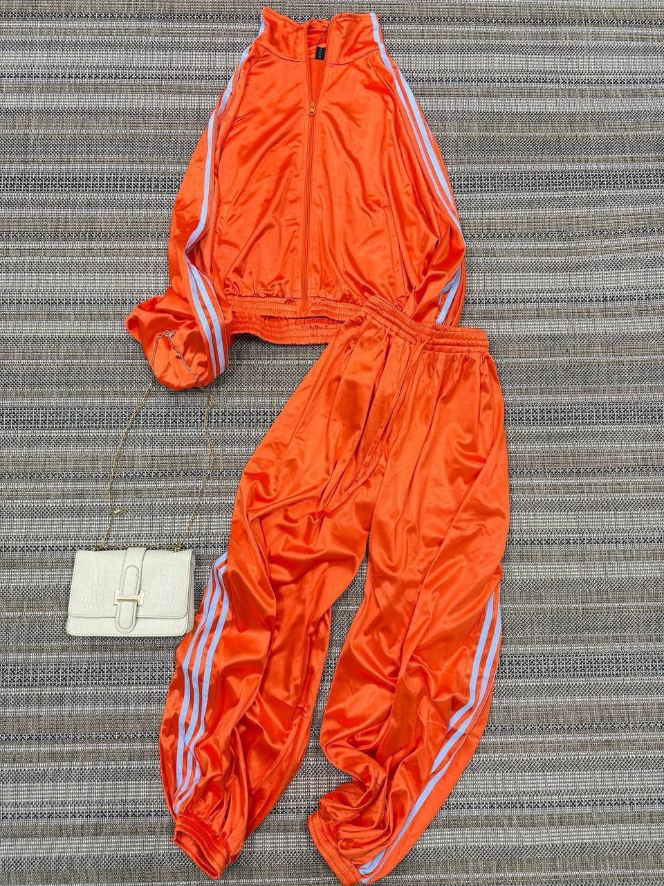 Satin 3-Stripe Zip Crop Jacket & Wide-Leg Jogger Set