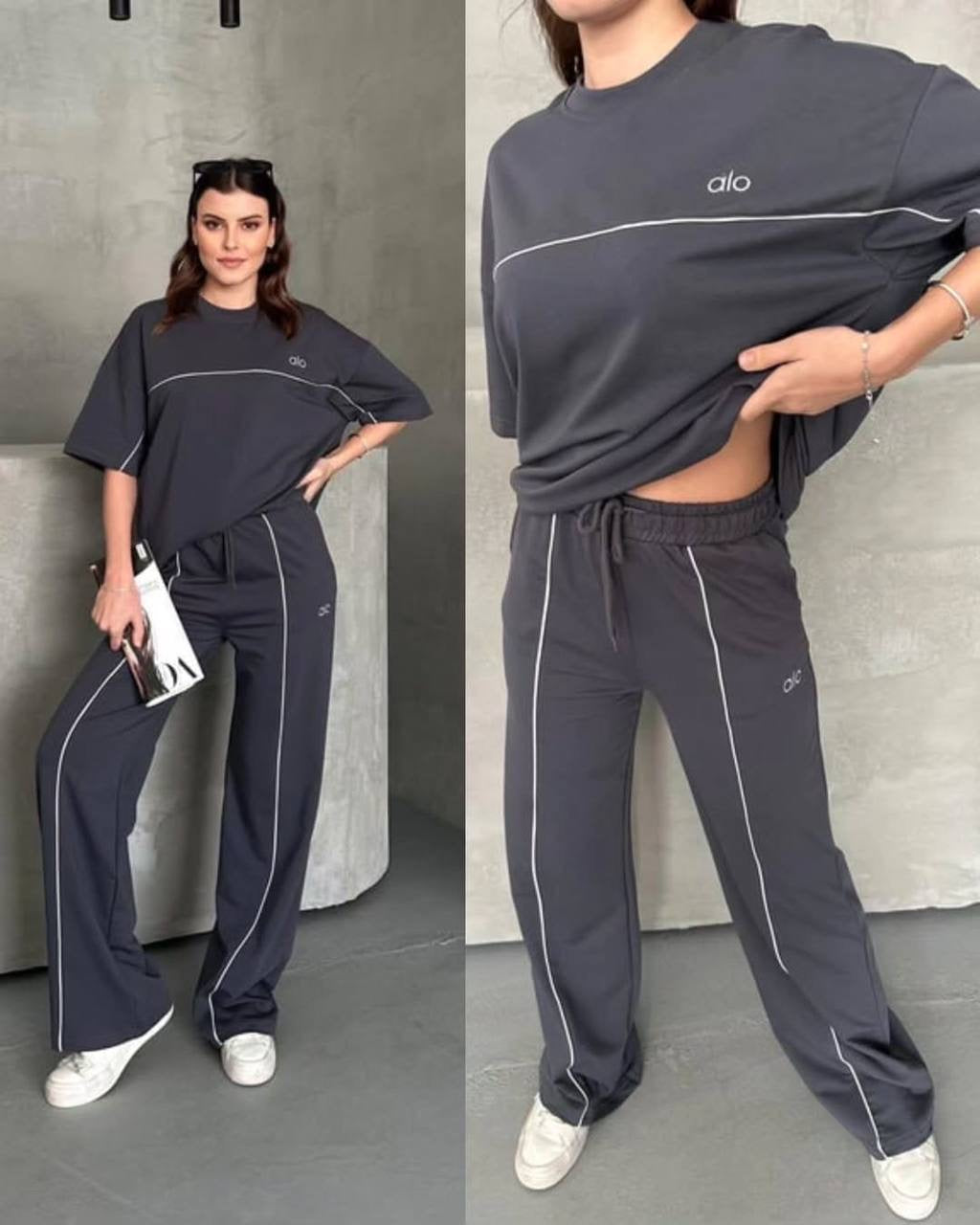 Alo Logo Contrast Piping Oversized T-Shirt & Wide-Leg Sweatpants Set