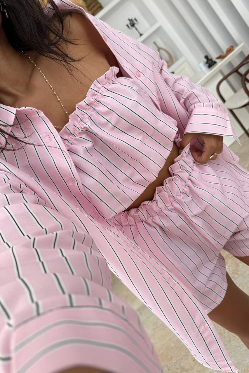 Striped 3-Piece Co-ord Set – Shirt, Bandeau Top & Shorts
