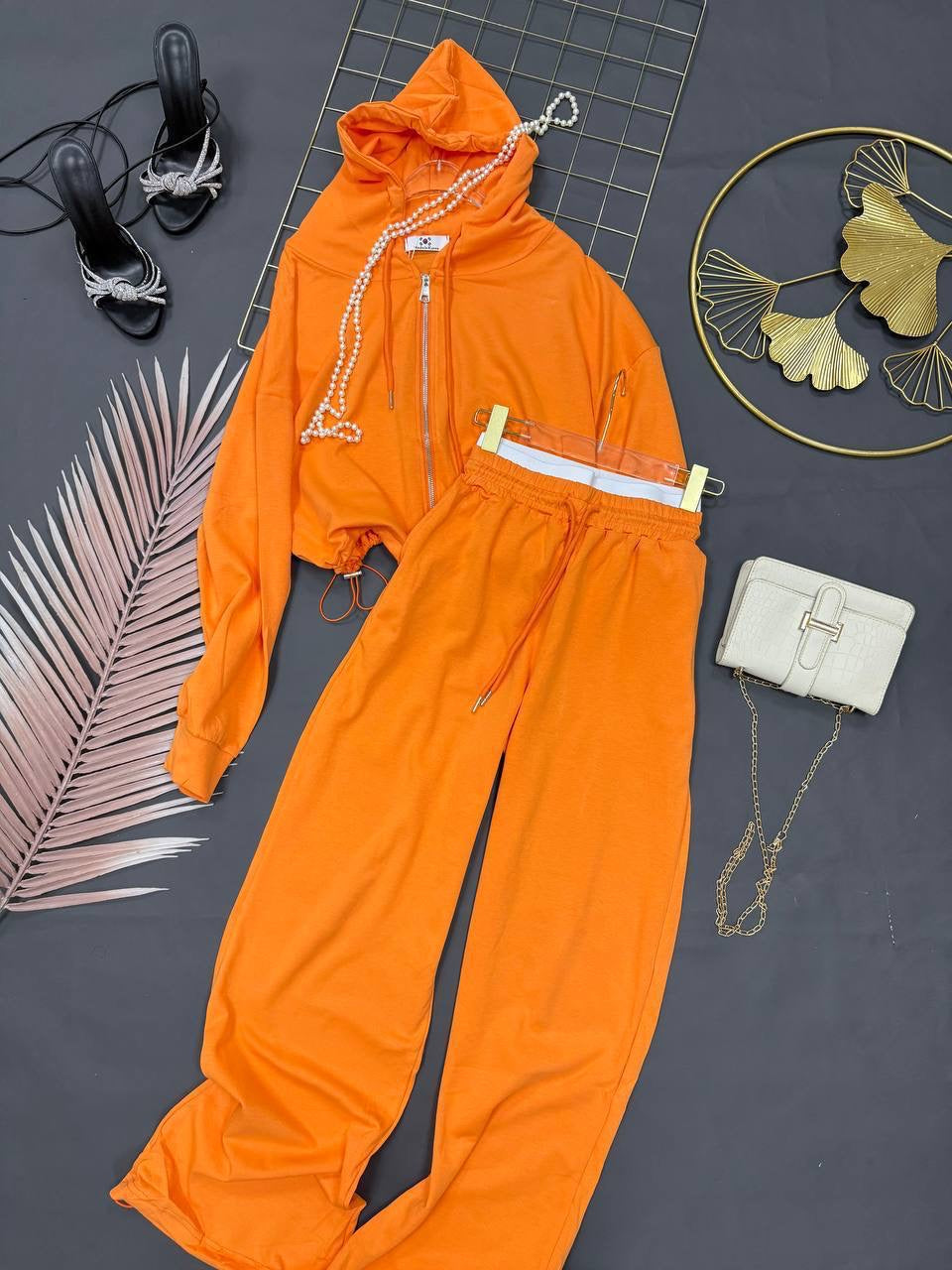 Cropped Zip Hoodie & Wide-Leg Jogger Sweatpants Set