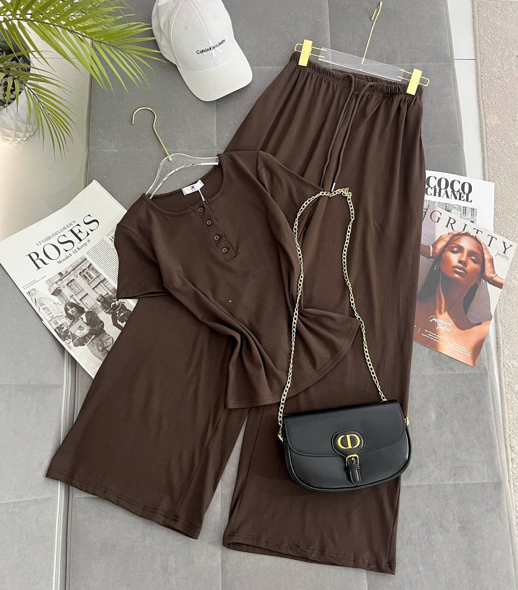 Henley Button Crew-Neck T-Shirt & Wide-Leg Palazzo Trousers Loungewear Set