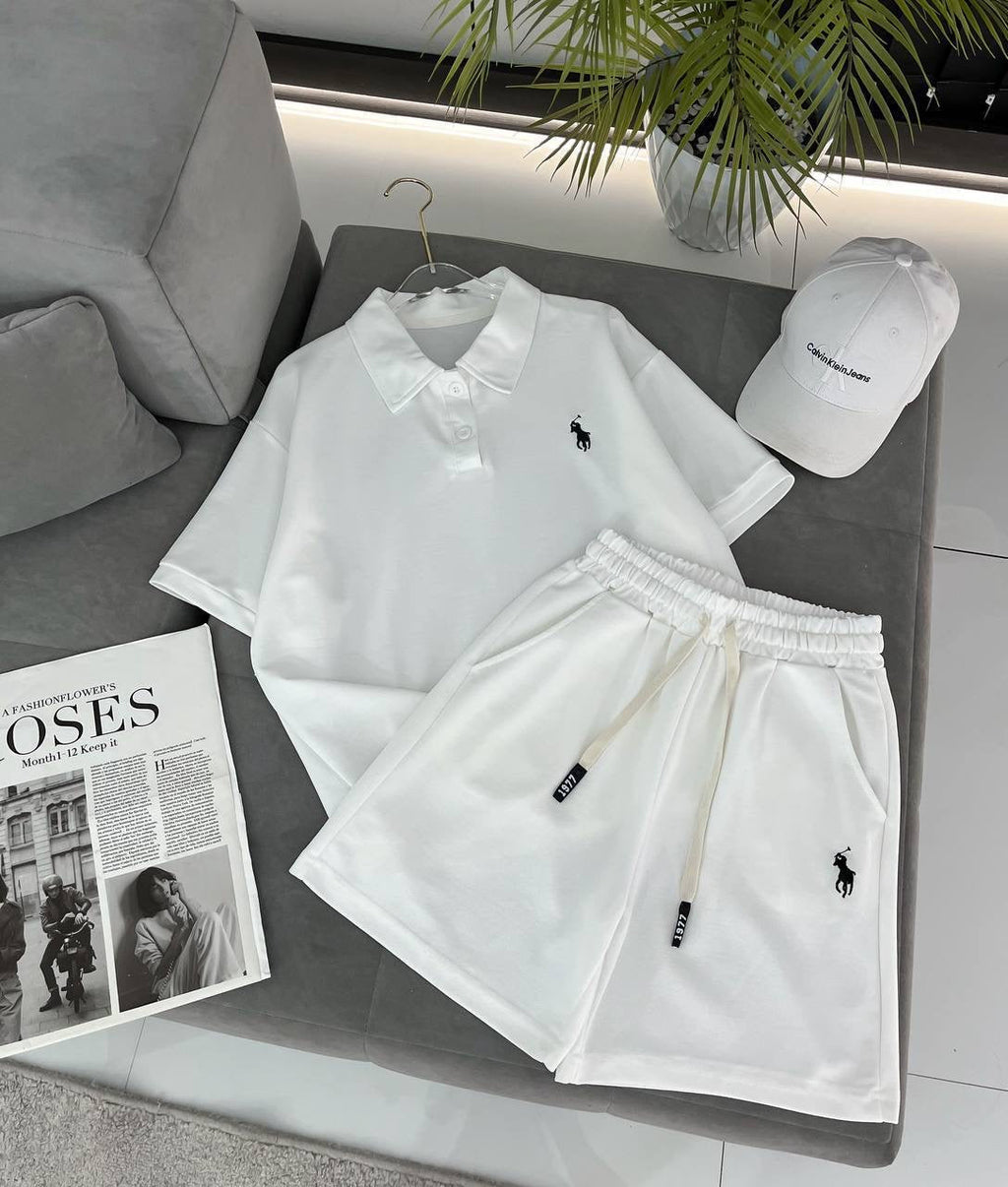Embroidered Polo Crop T-Shirt & Drawstring Shorts 2-Piece Summer Set