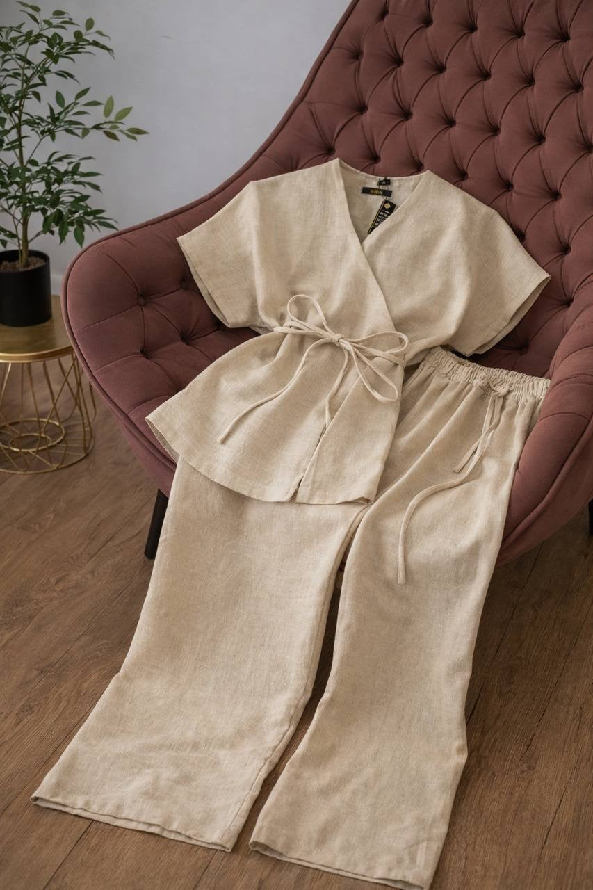 Linen Kimono Wrap Top & Wide-Leg Trousers Co-ord Set