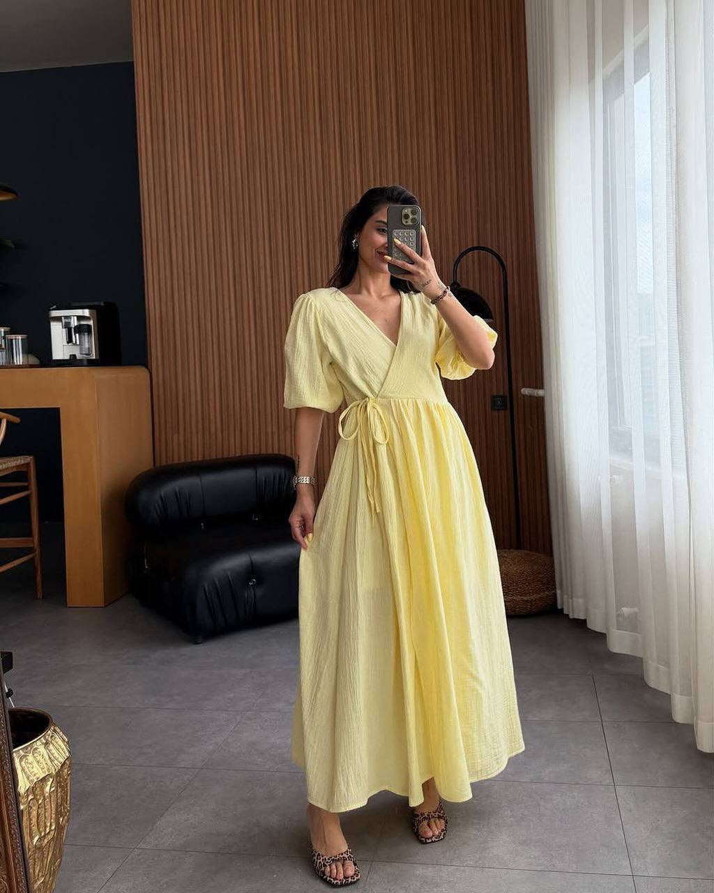 Crinkle Texture Puff Sleeve Wrap V-Neck Tie-Waist Maxi Dress