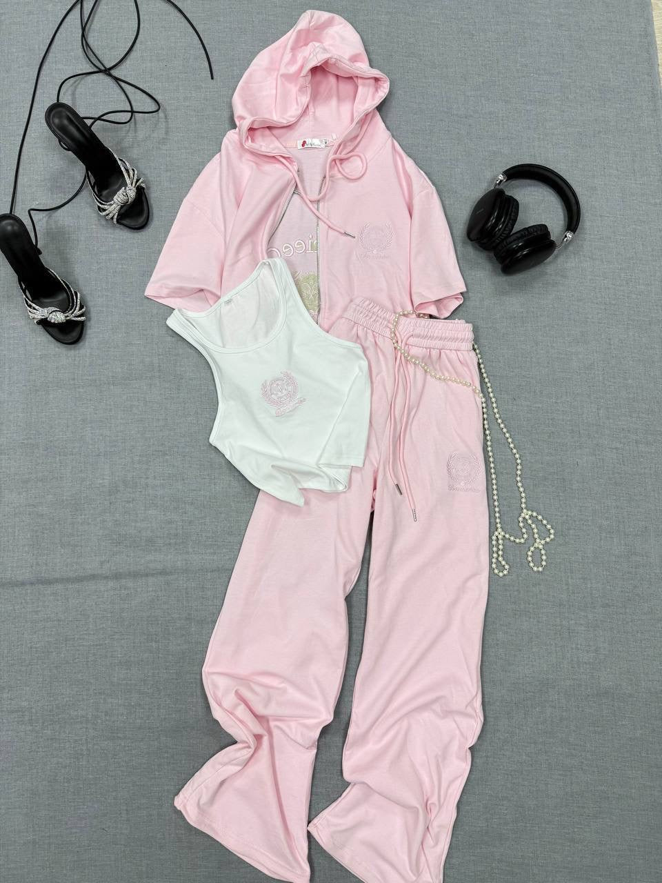 Bonnerie Embroidered 3-Piece Short Sleeve Zip Hoodie, Tank Top & Flare Pants Set