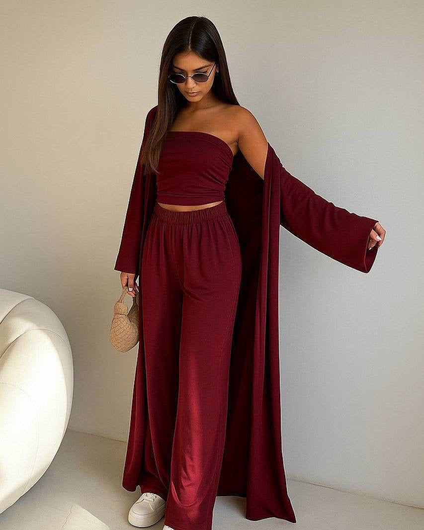 3-Piece Maxi Duster Kimono, Bandeau Crop Top & Wide-Leg Palazzo Set