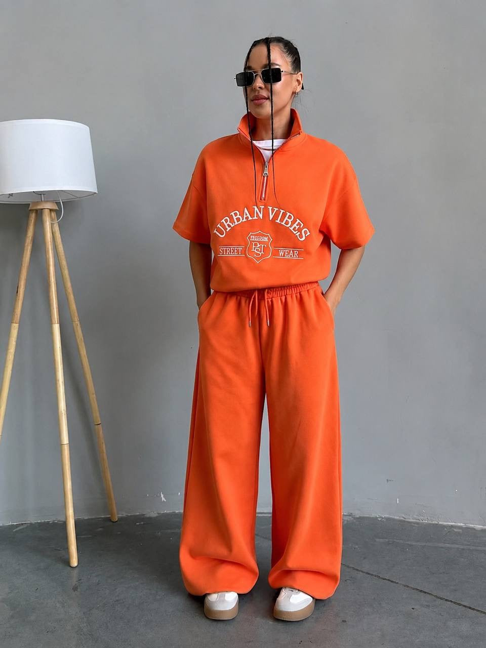 Urban Vibes Street Wear Half-Zip Crop Sweatshirt & Wide-Leg Trousers Co-ord Set