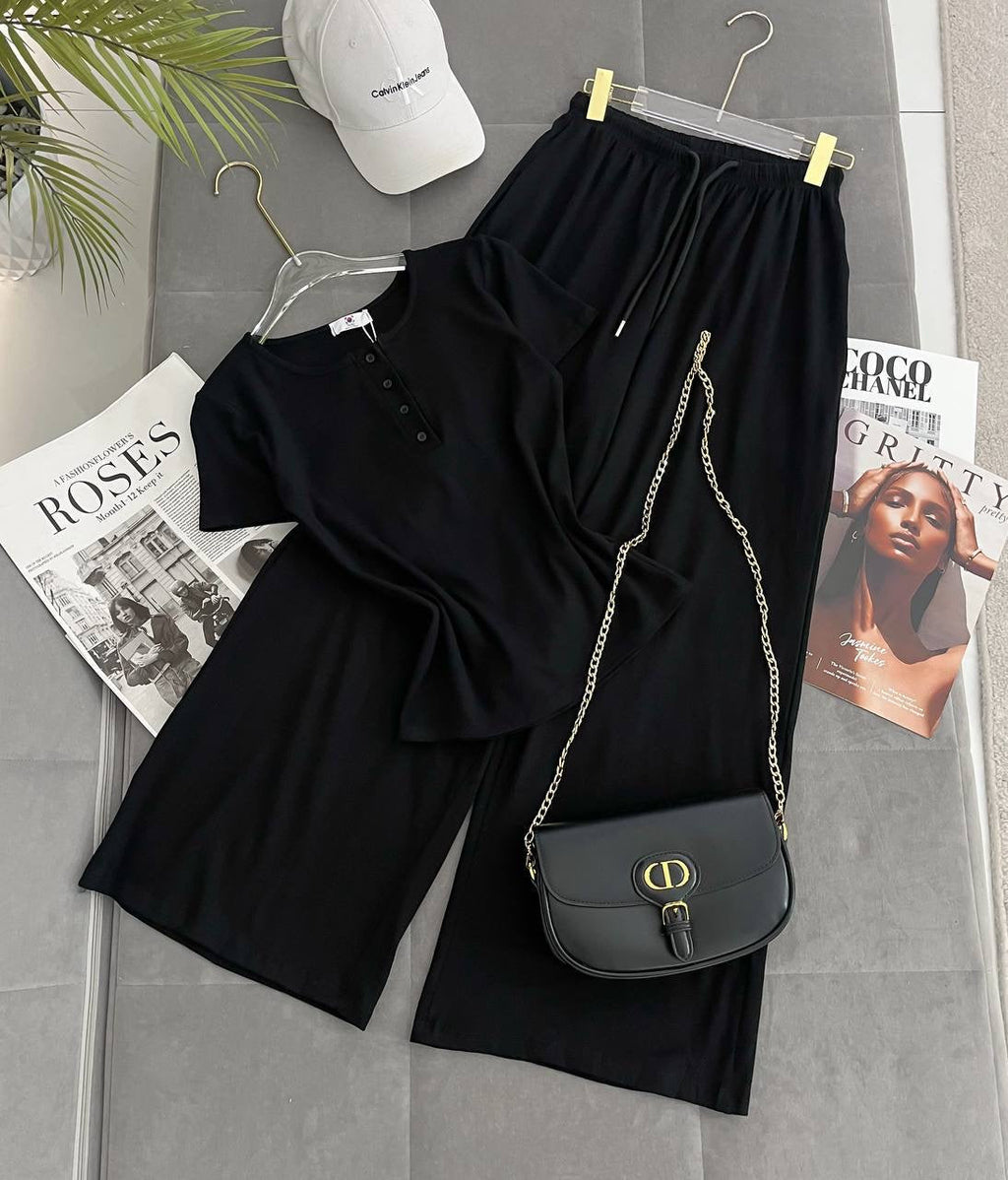 Henley Button Crew-Neck T-Shirt & Wide-Leg Palazzo Trousers Loungewear Set