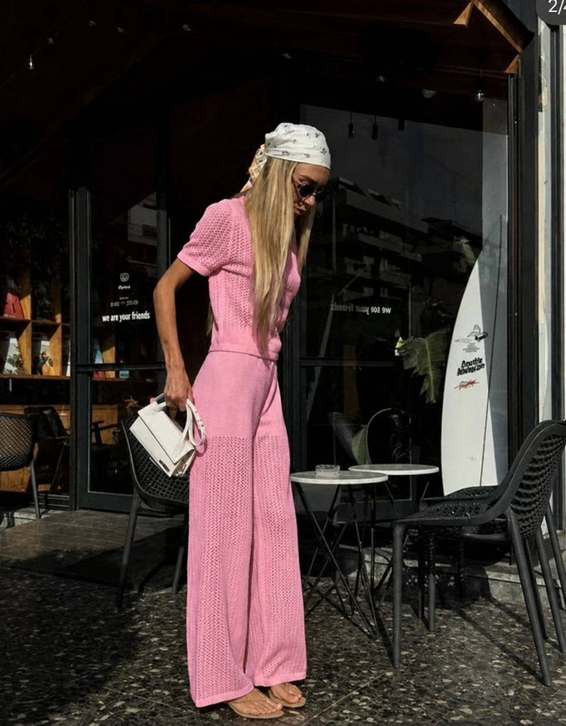 Open Knit Crochet Short Sleeve Crop Top & Wide-Leg Palazzo Trousers Co-ord Set