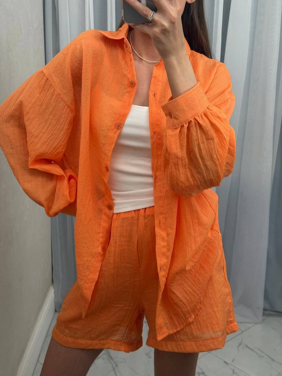 Crinkle Balloon Sleeve Shirt & Shorts Co-ord Set